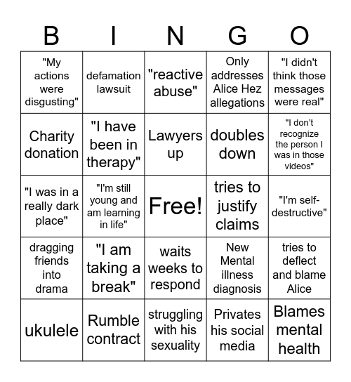 ImAllex Apology Bingo Card