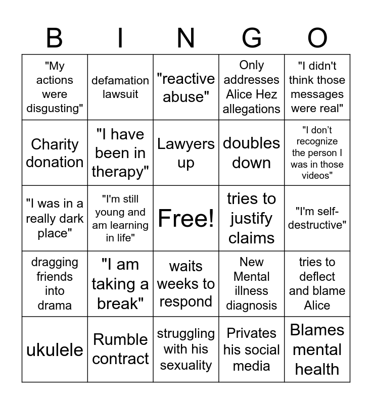 ImAllex Apology Bingo Card