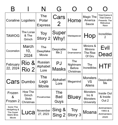 1 Second From 59 Random Animated Movies & TV Shows Bingo Card