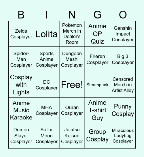 Anime Convention Bingo Card