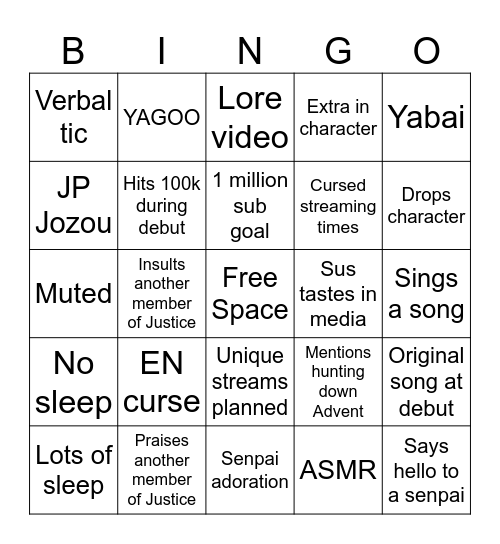 HoloJustice debut bingo Card