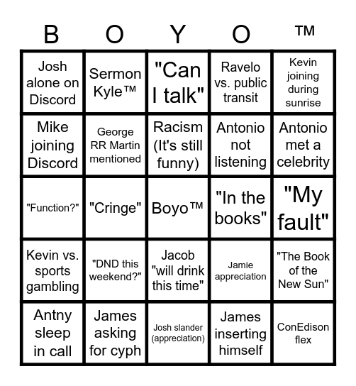 Squad Bingo Card