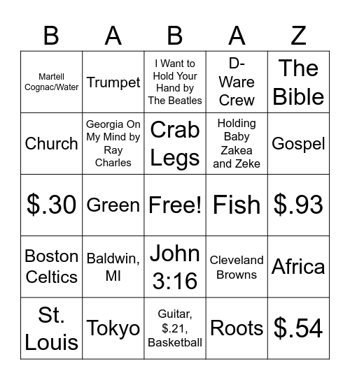 Baba Bingo Card