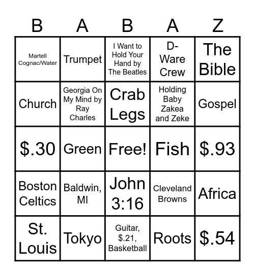 Baba Bingo Card