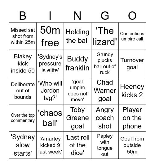 Swans vs Giants Bingo Card