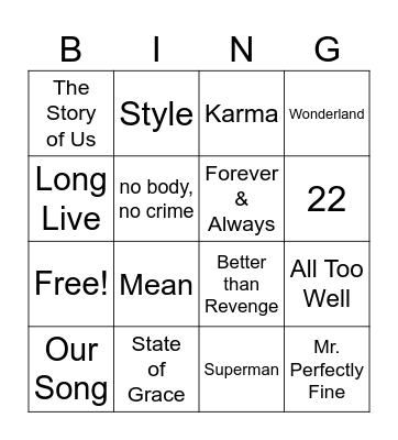 Taylor Swift Song Bingo Card