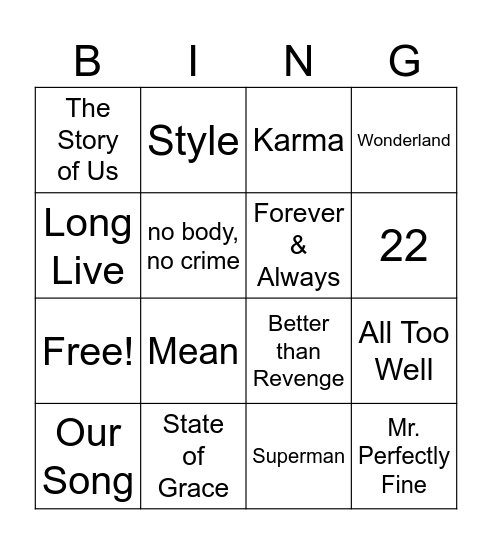 Taylor Swift Song Bingo Card