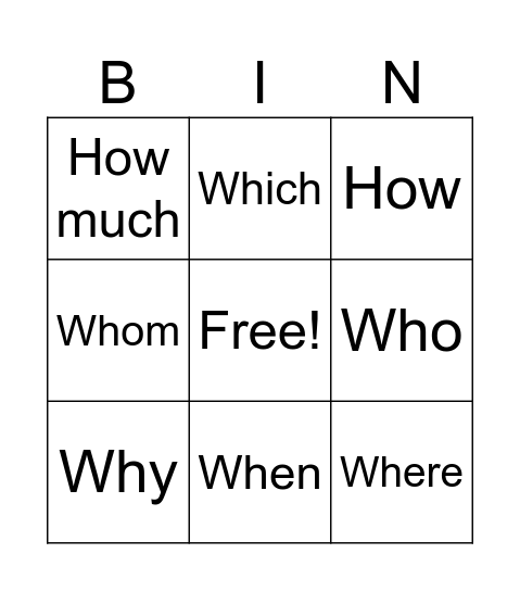 Wh questions Bingo Card