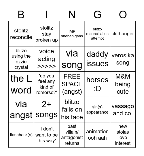 Helluva Boss S2 E9 'Apology Tour' Bingo Card