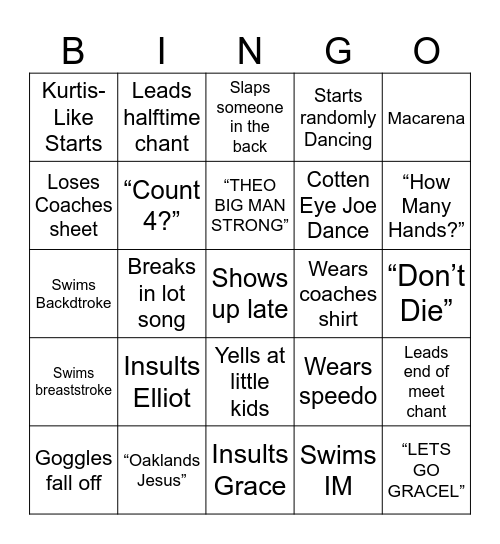 Cole’s Swim Meet Bingo Sheet Bingo Card