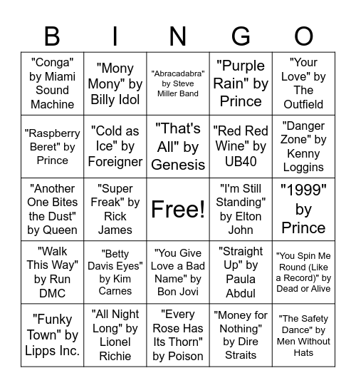 80's Music Bingo Round #2 Bingo Card