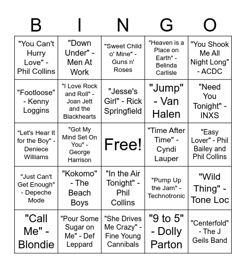 80's Music Bingo Round #3 Bingo Card