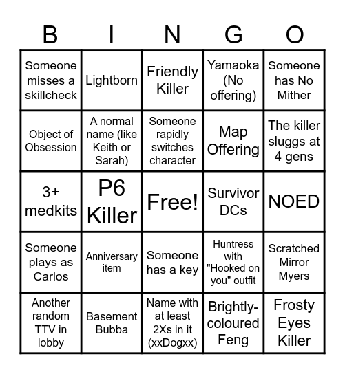 DBD bingo Card