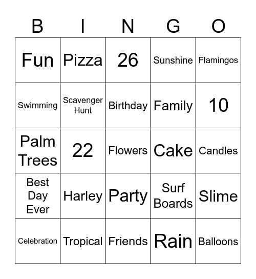 Harley's 10th Birthday Celebration Bingo Card