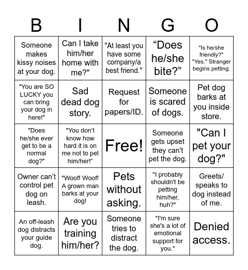 Guide Dog Bingo Card
