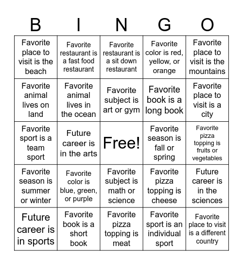 Getting to Know You Bingo Card