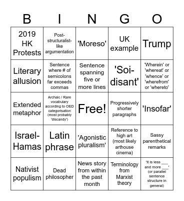 GP Essay Bingo Card