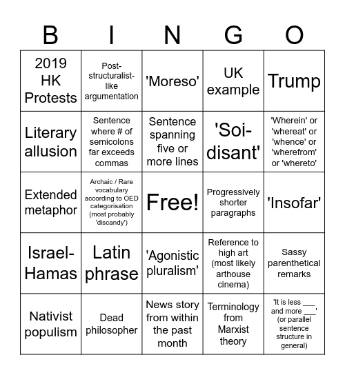 GP Essay Bingo Card