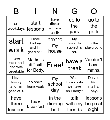 7AM5-My school day Bingo Card