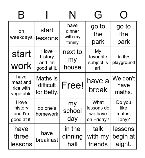 7AM5-My school day Bingo Card