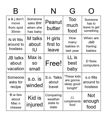 Walker Reunion Bingo Card