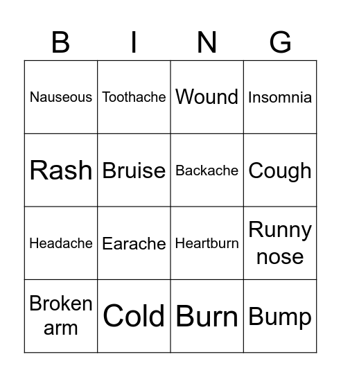 Illness Bingo Card