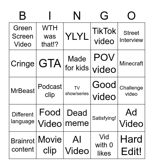 YouTube Shorts Bingo! Bingo Card