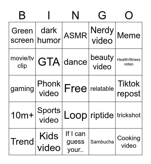 Youtube shorts bingo Card