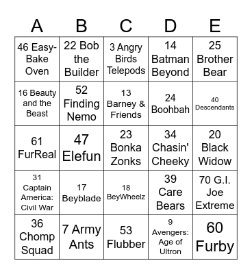 HASBRO TOYS A TO G Bingo Card