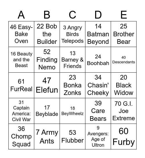 HASBRO TOYS A TO G Bingo Card