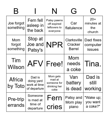 Thomas Family Vacation Bingo Card