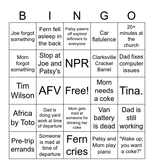 Thomas Family Vacation Bingo Card