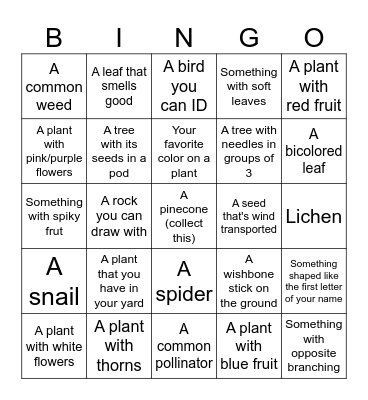 Nature Bingo Card