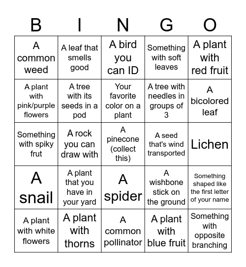 Nature Bingo Card