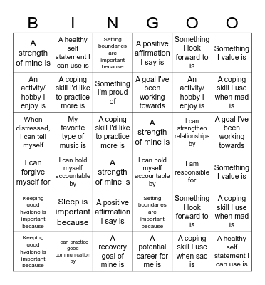 Life Skills Bingo Card