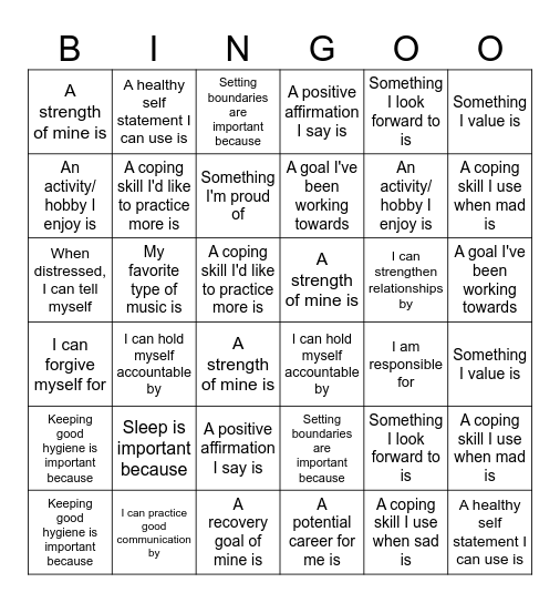 Life Skills Bingo Card