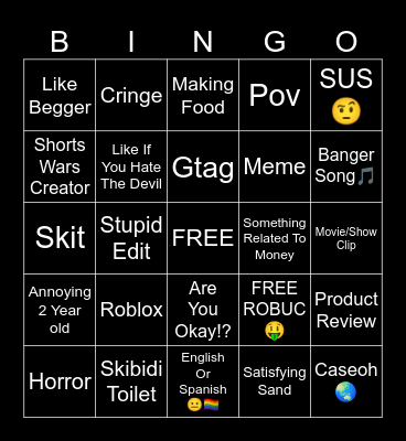 YT Shorts Bingo Card