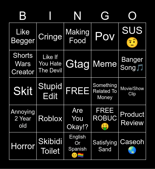 YT Shorts Bingo Card