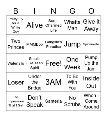 1990s Music Bingo Card