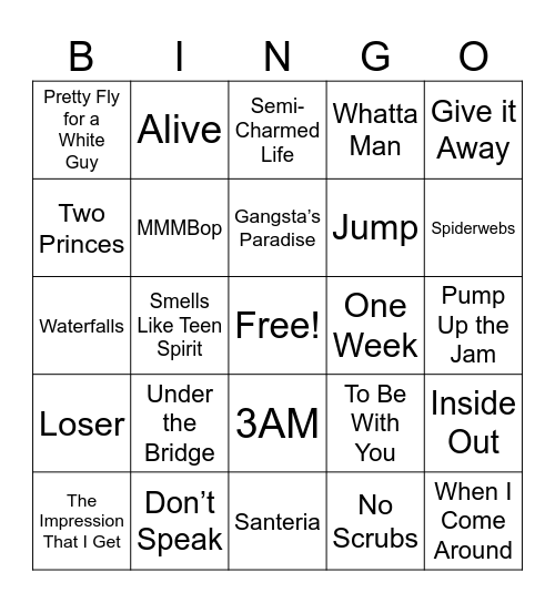 1990s Music Bingo Card