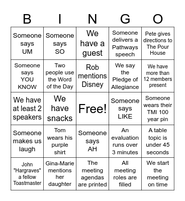 Camden County Toastmasters BINGO Card