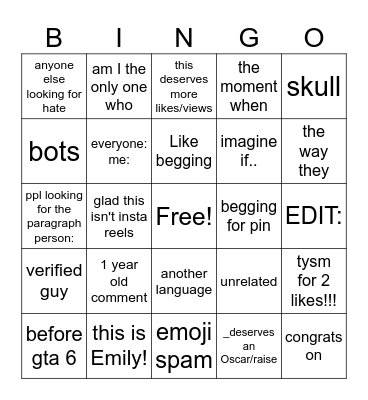 Comments Bingo Card