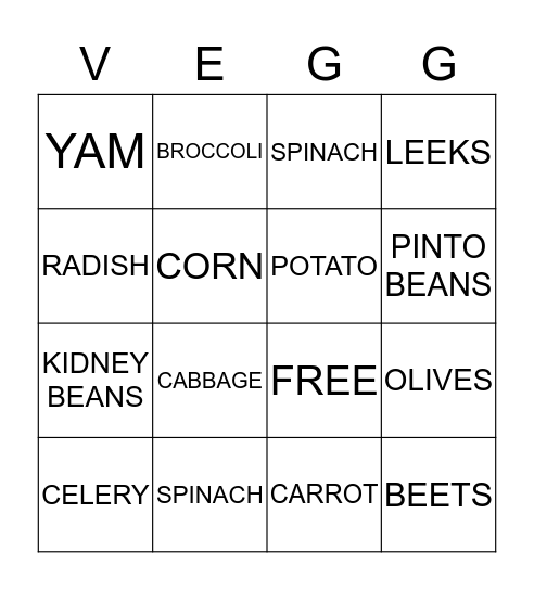 Vegetables Bingo Card