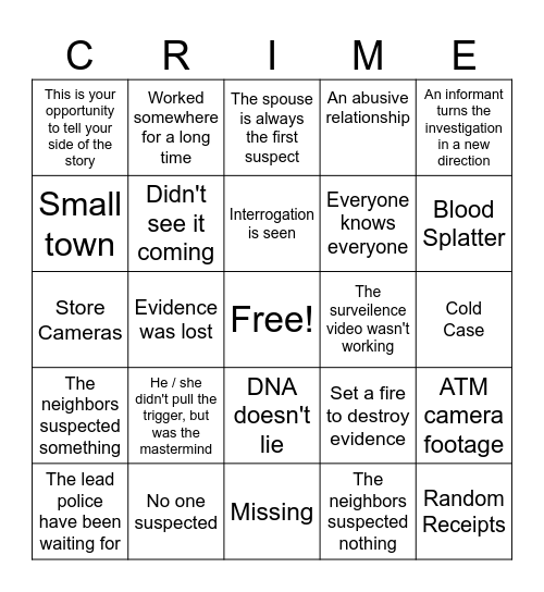 TV True Crime Bingo Card