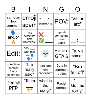Youtube comments bingo Card