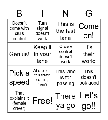 Dad's Driving Phrases Bingo Card