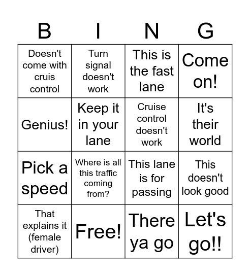 Dad's Driving Phrases Bingo Card