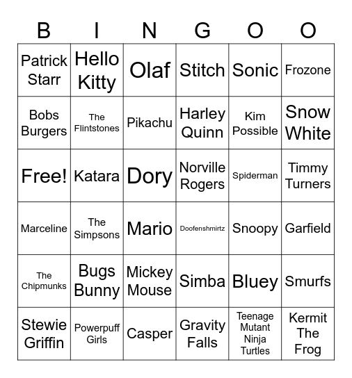 Character Day Bingo Card