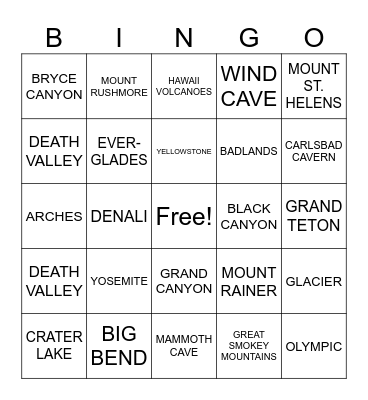 NATIONAL PARKS Bingo Card