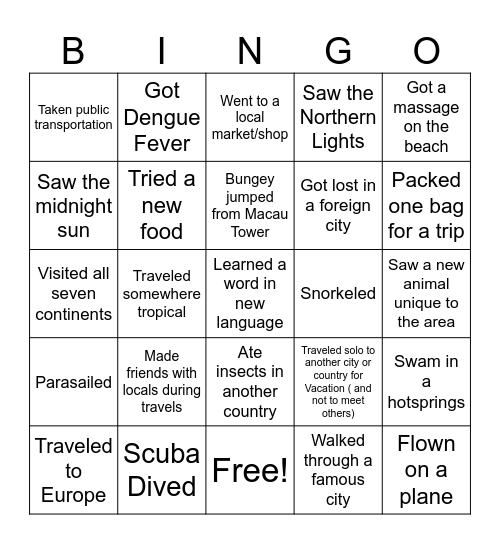 Travel Bingo Card